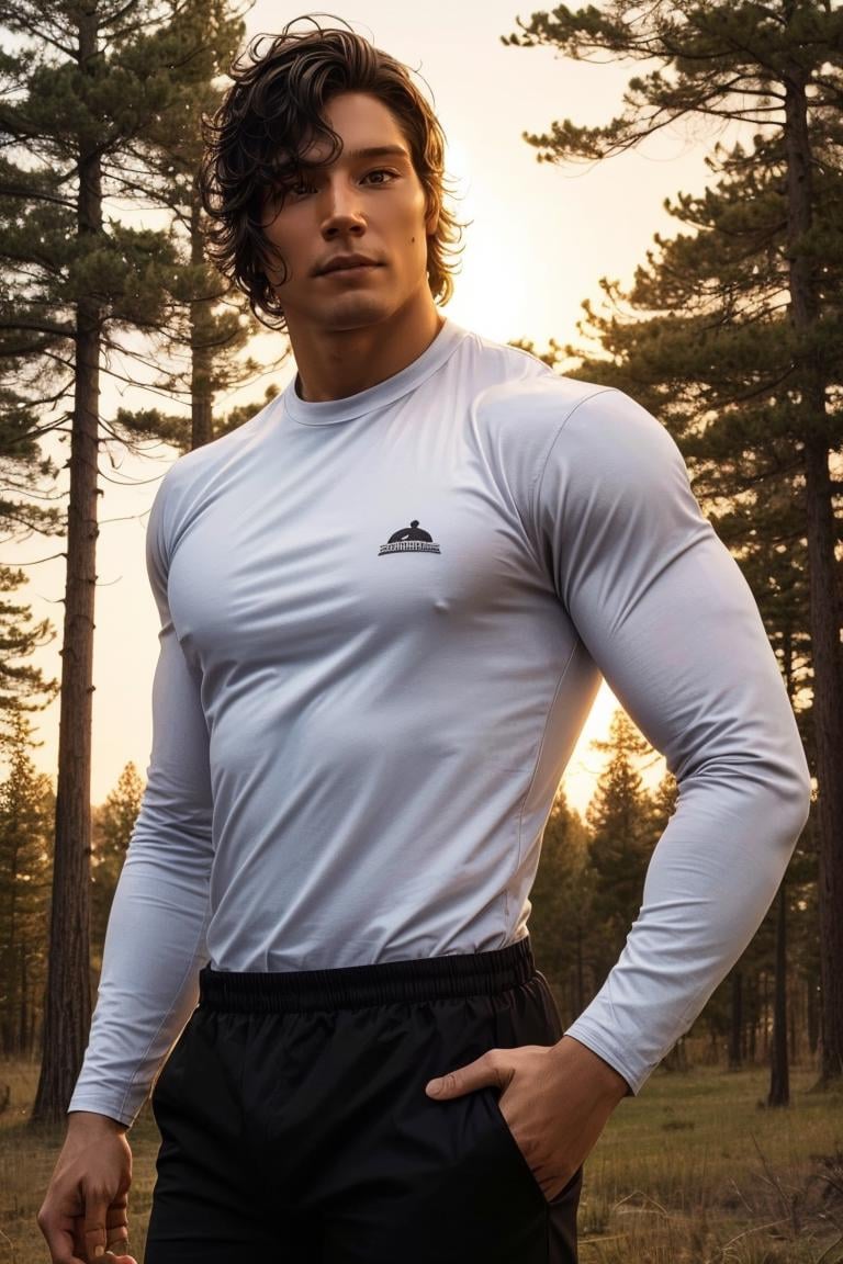 photo of person,  man,  muscular,  male,  black shirt,  looking to viewer,  full body,  white pants,  serious,  on the forest,  sunset,  cinematic lighting,  detailed face,  detailed eyes,  masterpiece,  high_res,  perfect face,  ,  High detailed,<lora:EMS-238348-EMS:1.000000>