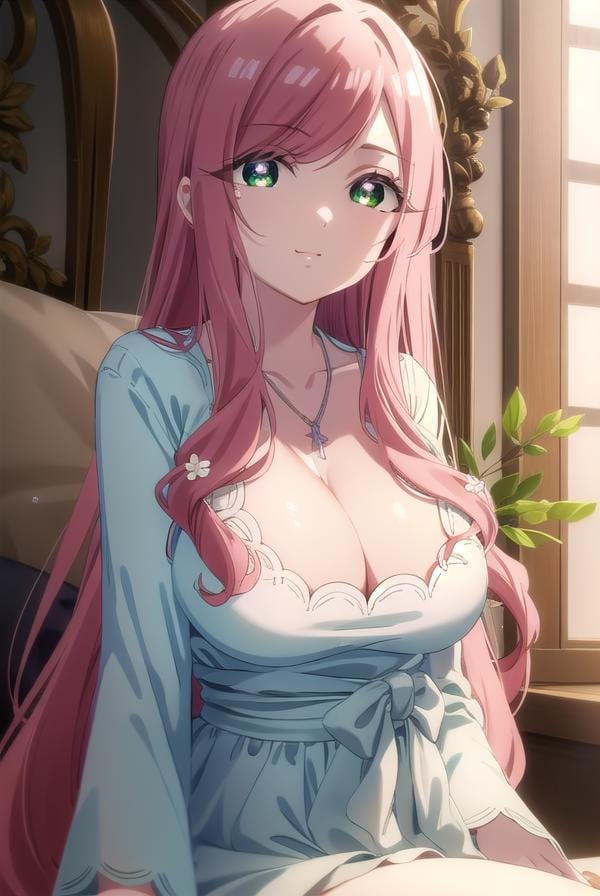 haharihanazono, <lora:hahari hanazono s1-lora-nochekaiser:1>, hahari hanazono, long hair, bangs, (green eyes:1.2), pink hair, flower, hair flower, smile,BREAK dress, cleavage, jewelry, necklace, white dress,BREAK indoors, bed,BREAK looking at viewer,BREAK <lyco:GoodHands-beta2:1>, (masterpiece:1.2), best quality, high resolution, unity 8k wallpaper, (illustration:0.8), (beautiful detailed eyes:1.6), extremely detailed face, perfect lighting, extremely detailed CG, (perfect hands, perfect anatomy),