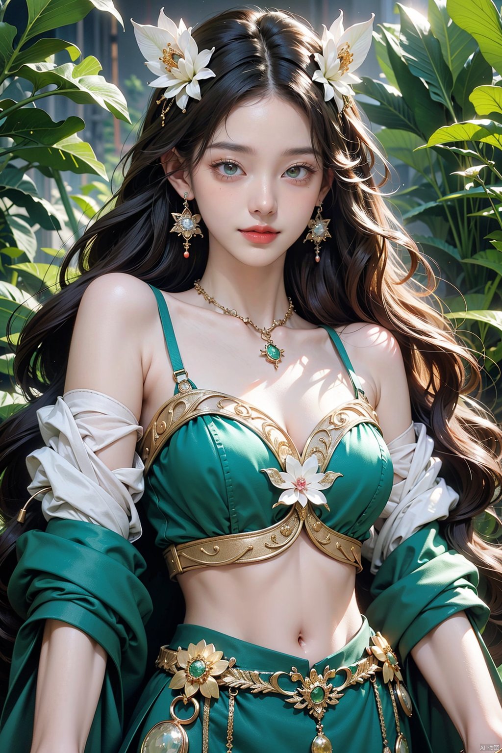 21yo girl, solo, looking at viewer, smile, Gold-Trim Jewelry, long earrings, bow Hair ornament, Agate Necklace, emerald bracelet, Diamonds, onyx, enamel, HDR, Vibrant colors, surreal photography, highly detailed, masterpiece, ultra high res, high contrast, mysterious, cinematic, fantasy, bright natural light, wangyushan, eyeglasses, 