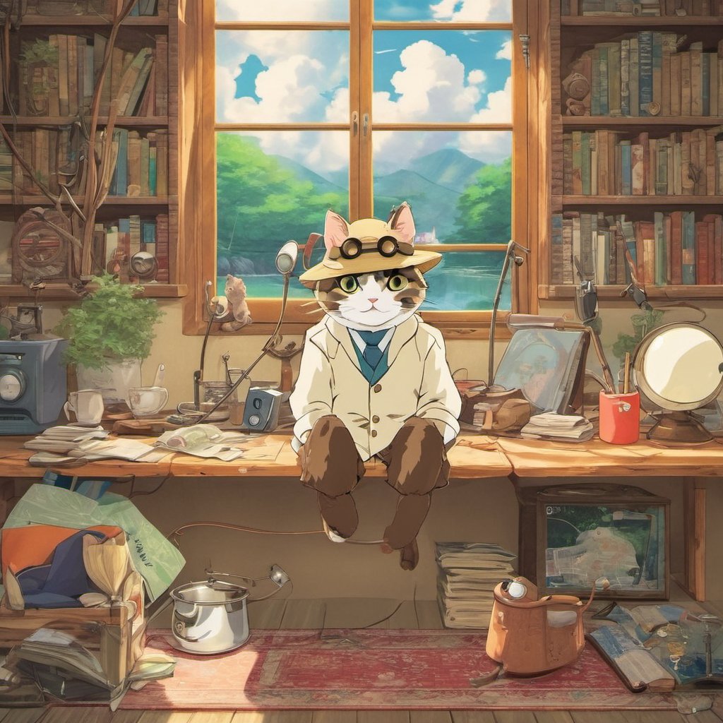 Studio ghibli anime, a cat as detective gadget, anime style, heartwarming scenery, emotional character design, color graded,aw0k cat