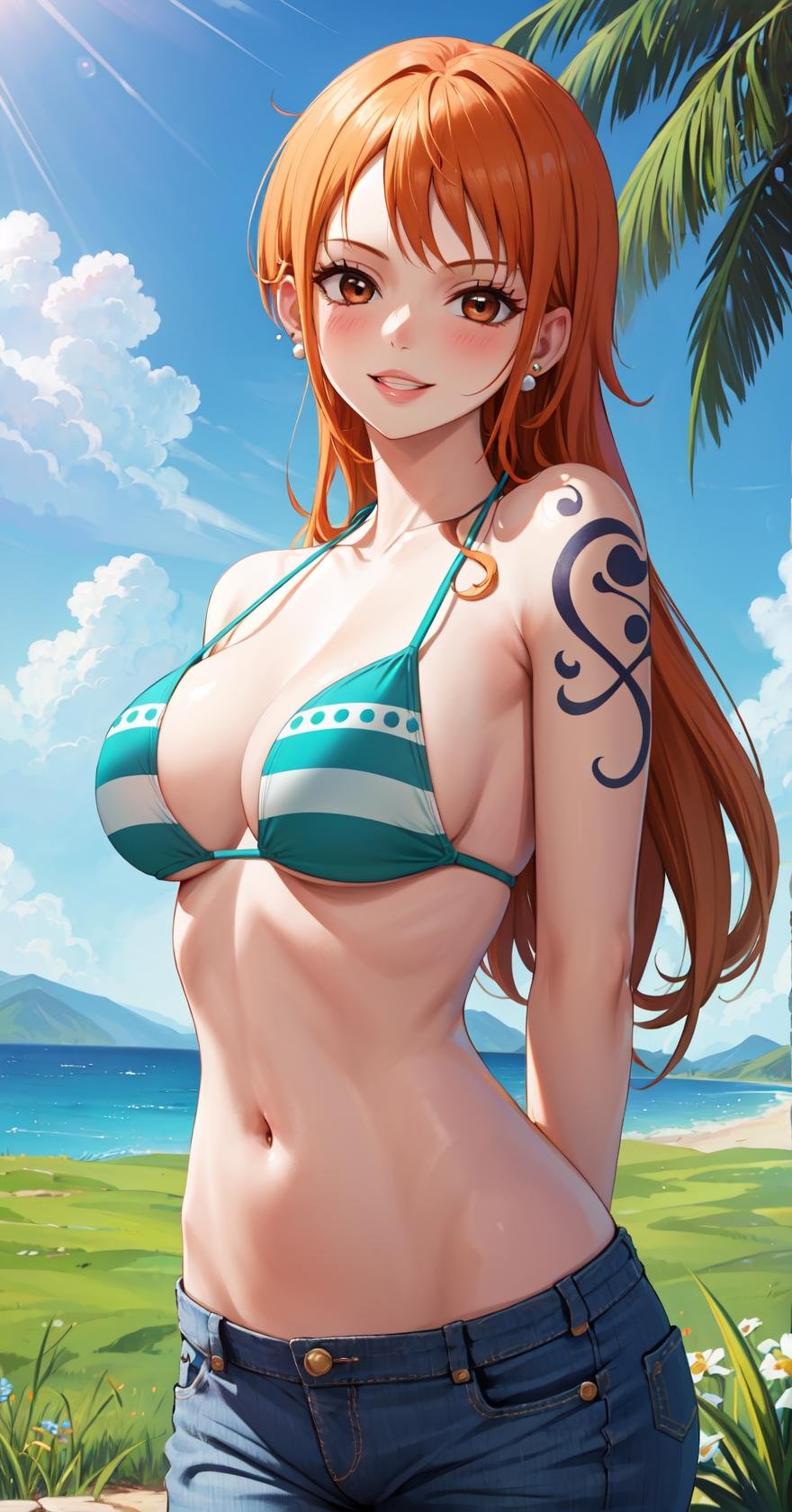 masterpiece, best quality, highres,NamiBikini, 1girl, solo, looking at viewer,  orange hair, brown eyes, orange eyes, smile, skirt, tattoo,  shoulder tattoo, large breasts, long hair, breasts, parted lips, nami (one piece),navel, cleavage, jewelry, collarbone, swimsuit, bikini, earrings, pants, stomach, bracelet, tattoo, denim, bikini top only, jeans, green bikini, arms behind back, <lora:LoRA_Nami:1>, blush, field, grass, forest, sunlight, cloudy, 