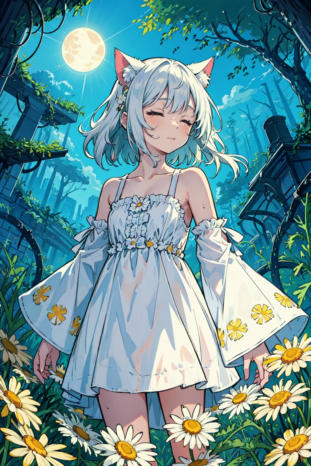  yellow theme,the setting sun,(((Chamomile))),Chamomile,cornflower,vines,forest,ruins,lens flare,hdr,Tyndall effect,damp,wet,1girl,bare shoulders,broken glass,broken wall,white hair,white dress,closed mouth,constel lation,flat color,braid,blinking,white robe,float,closed mouth,constel lation,flat color,looking up,standing,medium hair,standing,solo,((catgirl))