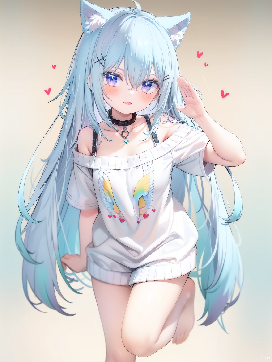  petite, loli, solo, animal ears, heart, puffy short sleeves, blue hair, long hair, off shoulder, bangs, hair ornament, gradient background,rainbow gradient, x hair ornament, animal ear fluff, looking at viewer, very long hair, blush, smile, cat ears, bare shoulders, collarbone, hand up, gradient sweater, hair between eyes, symbol-shaped pupils, arm up, heart-shaped pupils, hairclip, medium breasts, salute, bare legs,full body