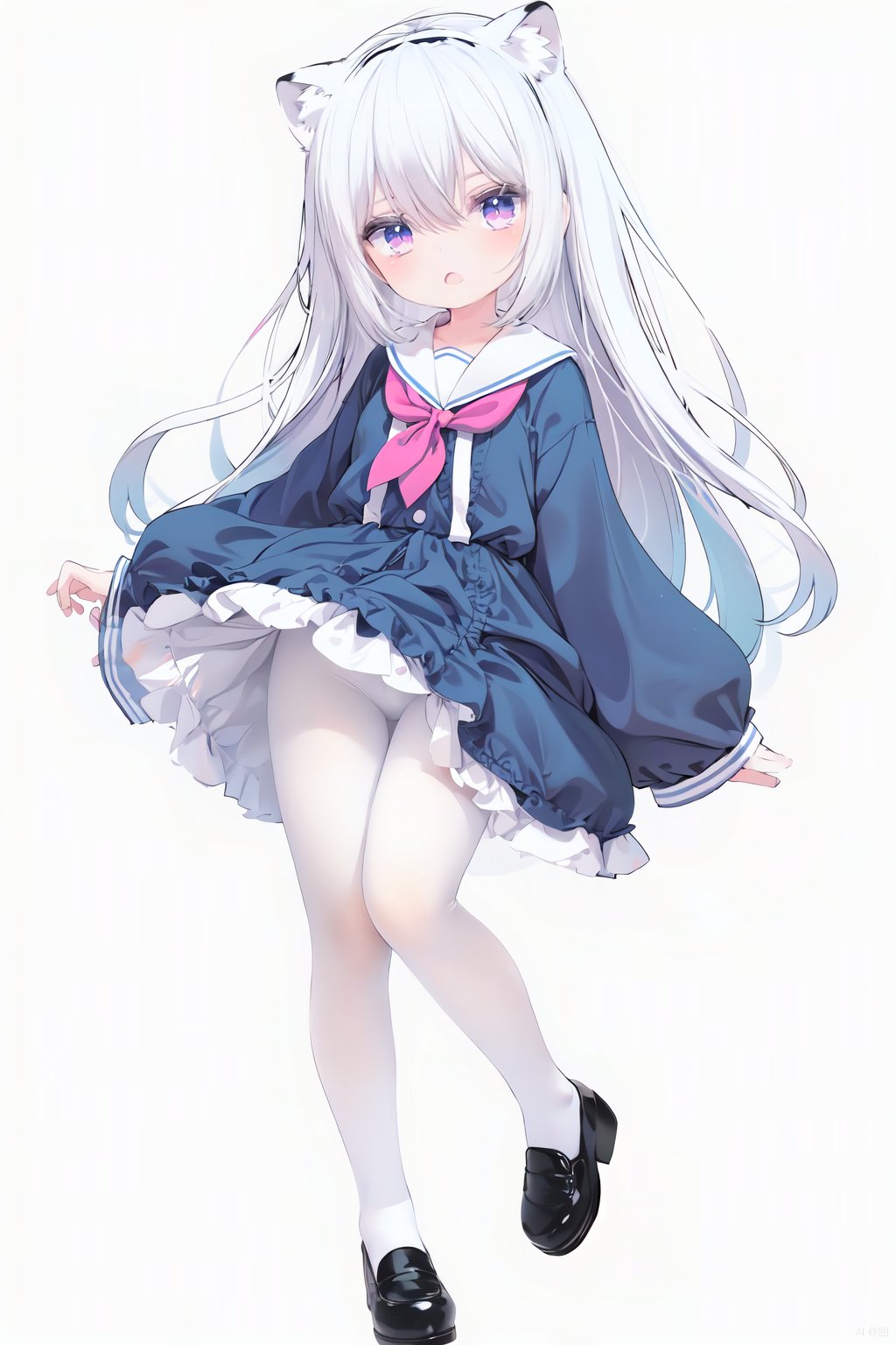  cute,solo blue shirt,blue sailor coat,loli,full body,white hair,snow leopard ear,white background,pink eyes,laugh,happy,white pantihose,white pantyhose,red armband,