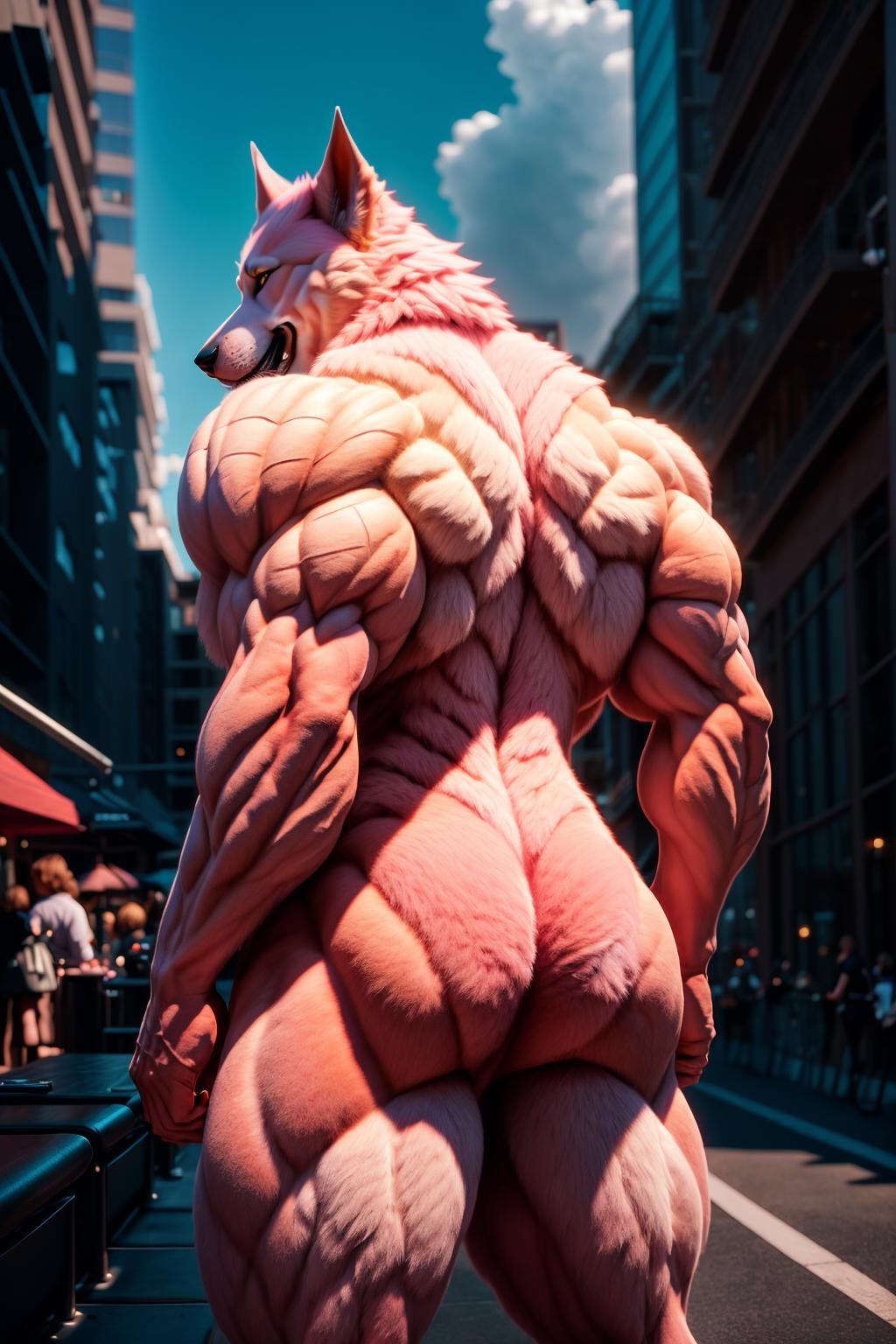 <lora:HumanizedDoG_v1-000007:1> masterpiece of photorealism, photorealistic highly detailed 8k photography, best cinematic quality, volumetric lighting and shadows, Light Pink dgbll male, casual clothes, all body covered by long fur, Bold Back Arch: Arching the back for a strong and dramatic silhouette., sharp and defined Rooftop Cafés with Views of the Sea full of busy people