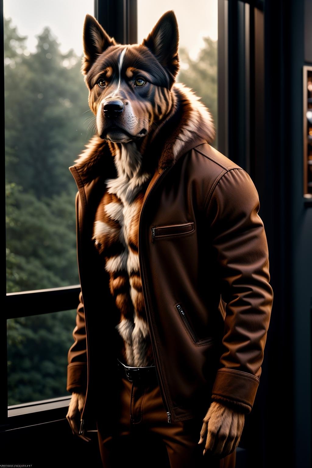 <lora:HumanizedDoG_v1-000007:1> masterpiece of photorealism, photorealistic highly detailed 8k photography, best cinematic quality, volumetric lighting and shadows, Espresso Brown dgbll male, casual clothes, all body covered by long fur, Pensive Window Gaze: Looking out of a window with a reflective expression., sharp and defined Magical Starlit Forest Clearings full of busy people