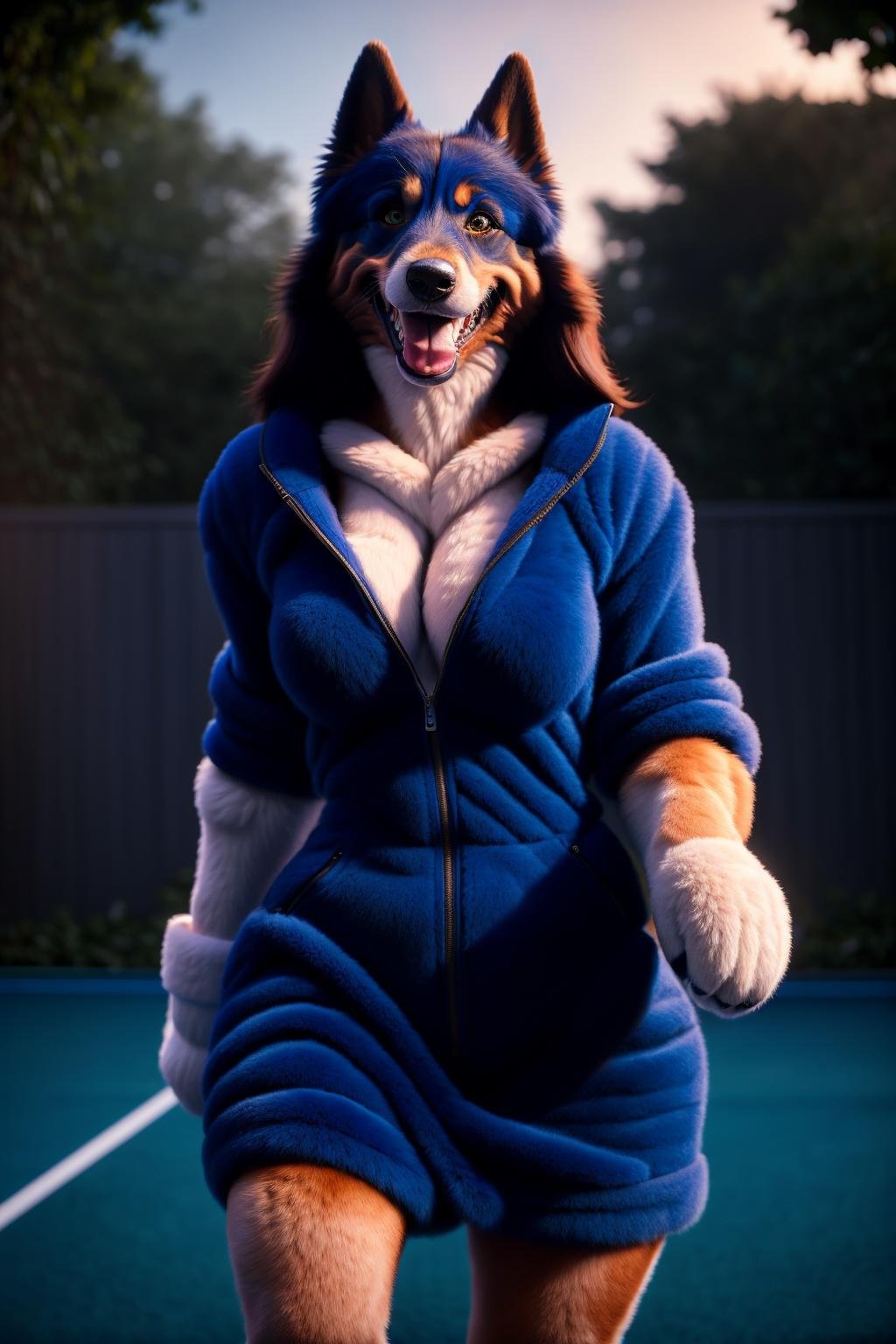 <lora:HumanizedDoG_v1-000007:1> masterpiece of photorealism, photorealistic highly detailed 8k photography, best cinematic quality, volumetric lighting and shadows, Tennis Court Blue dgbll female, casual clothes, all body covered by long fur, Candid Laughter: Genuine laughter captured in a spontaneous moment., sharp and defined Majestic Palaces in Moonlight full of busy people