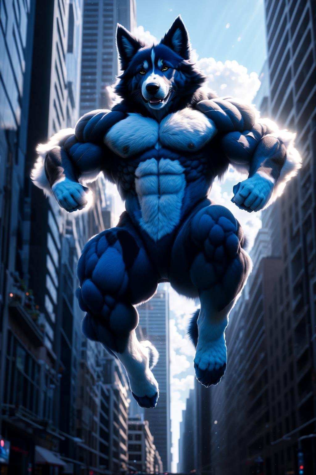 <lora:HumanizedDoG_v1-000007:1> masterpiece of photorealism, photorealistic highly detailed 8k photography, best cinematic quality, volumetric lighting and shadows, Cloud Burst Blue dgbll male, casual clothes, all body covered by long fur, Athletic Jump: Jumping with arms stretched for an athletic and powerful shot., sharp and defined Vertical Gardens on Buildings full of busy people