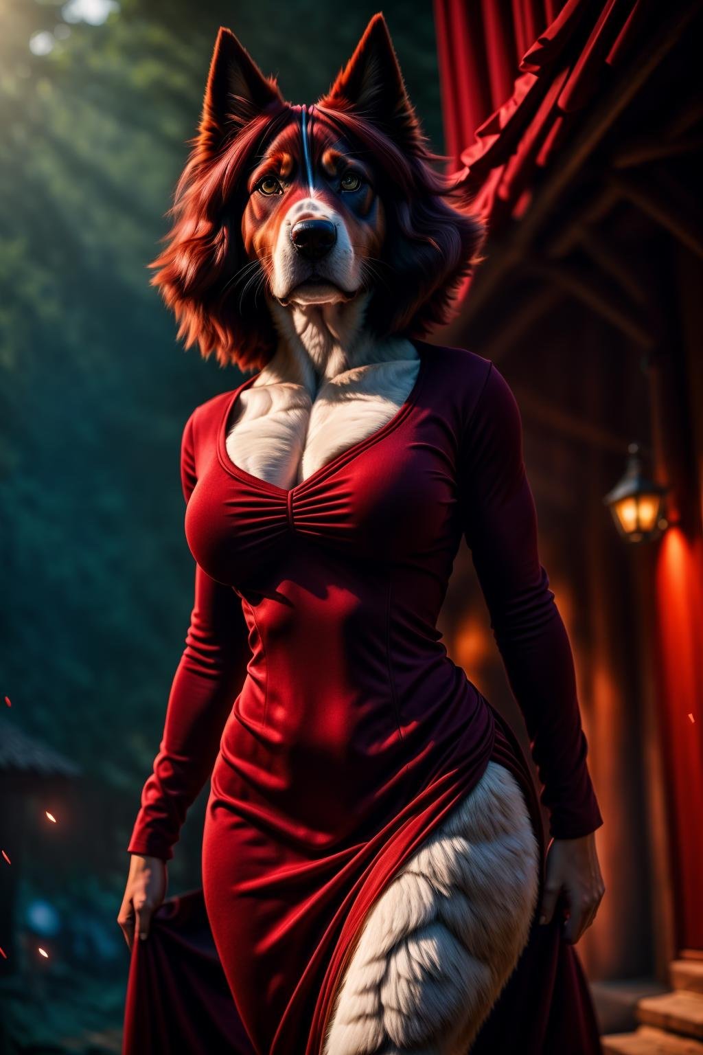 <lora:HumanizedDoG_v1-000007:1> masterpiece of photorealism, photorealistic highly detailed 8k photography, best cinematic quality, volumetric lighting and shadows, Wine Red dgbll female, casual clothes, all body covered by long fur, Dramatic Twirl: Twirling the dress or fabric for a dynamic and elegant shot., sharp and defined Treehouse Villages full of busy people