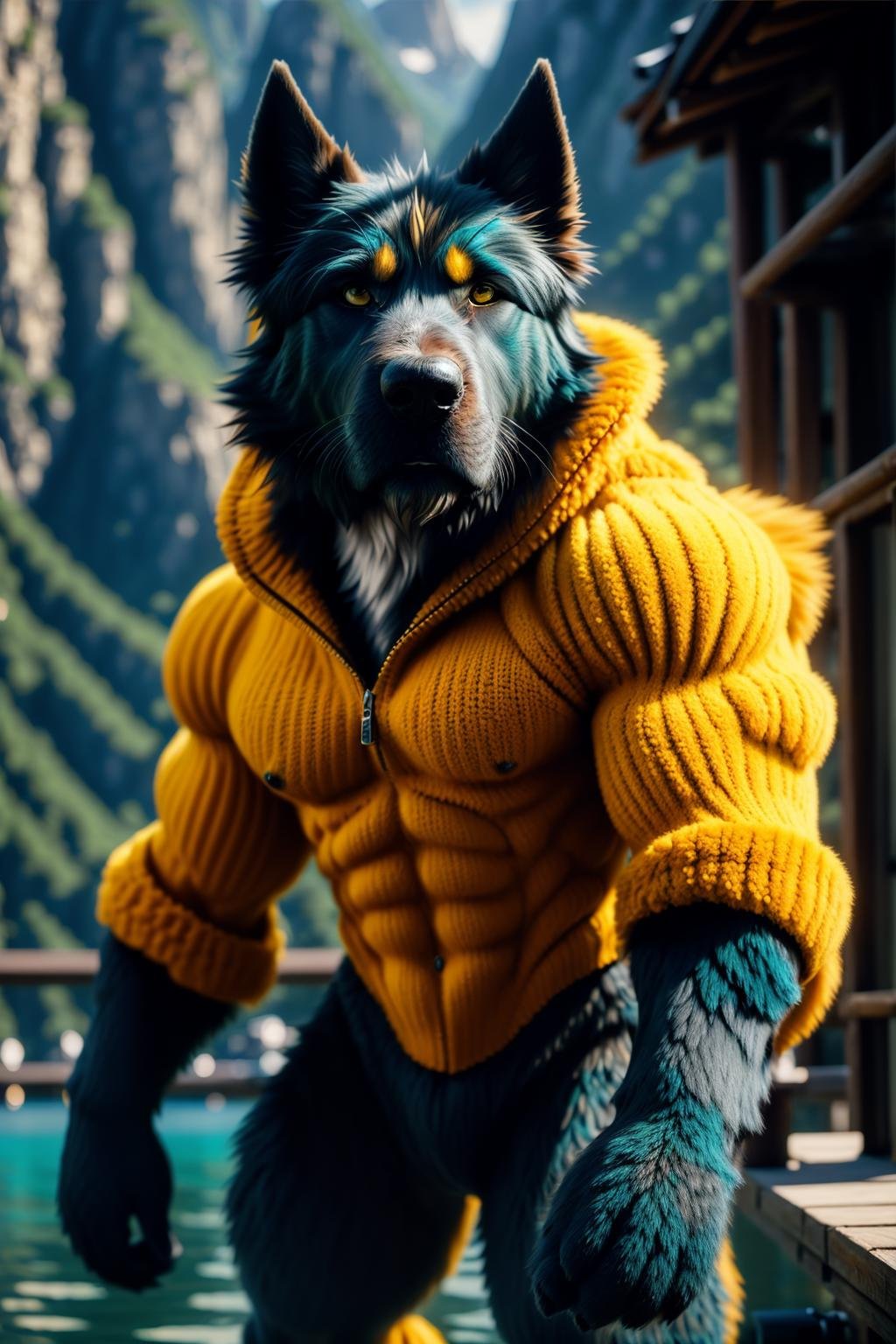 <lora:HumanizedDoG_v1-000007:1> masterpiece of photorealism, photorealistic highly detailed 8k photography, best cinematic quality, volumetric lighting and shadows, Legal Pad Yellow dgbll male, casual clothes, all body covered by long fur, Dynamic Close-up: Filling the frame with a dynamic close-up pose., sharp and defined Turquoise Mountain Lakes full of busy people