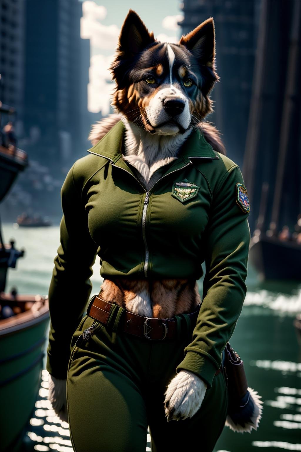 <lora:HumanizedDoG_v1-000007:1> masterpiece of photorealism, photorealistic highly detailed 8k photography, best cinematic quality, volumetric lighting and shadows, Girl Scout Green dgbll male, casual clothes, all body covered by long fur, Dynamic Lean Forward: Leaning into the camera with a strong presence., sharp and defined Old Fishing Boats in Harbor full of busy people