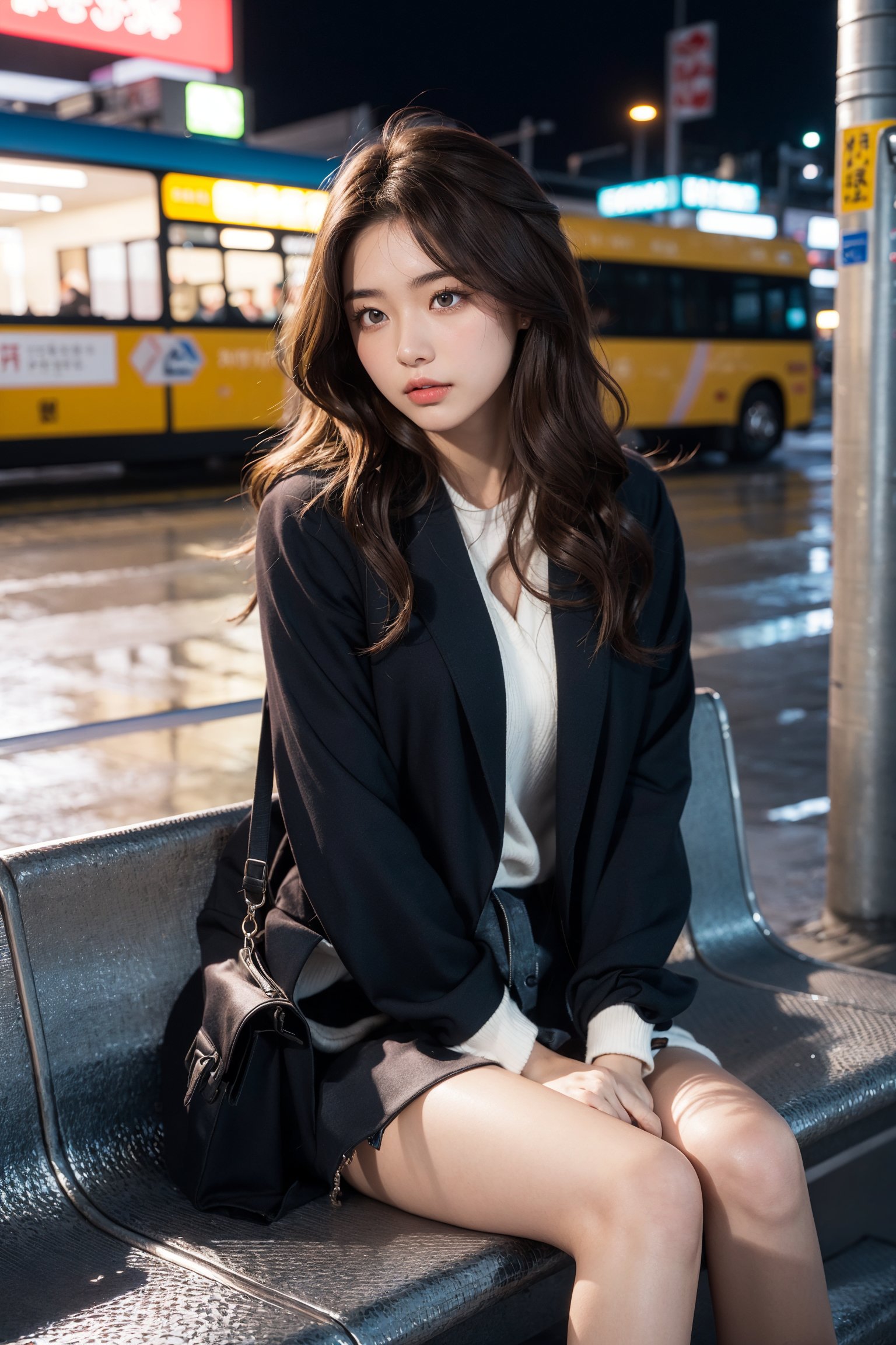 (1girl), ((beautiful eyes, long wavy hairs, brown hair, Hair tousled by the breeze)), Hongkong street, sitting at a bus stop, at a rainy night,