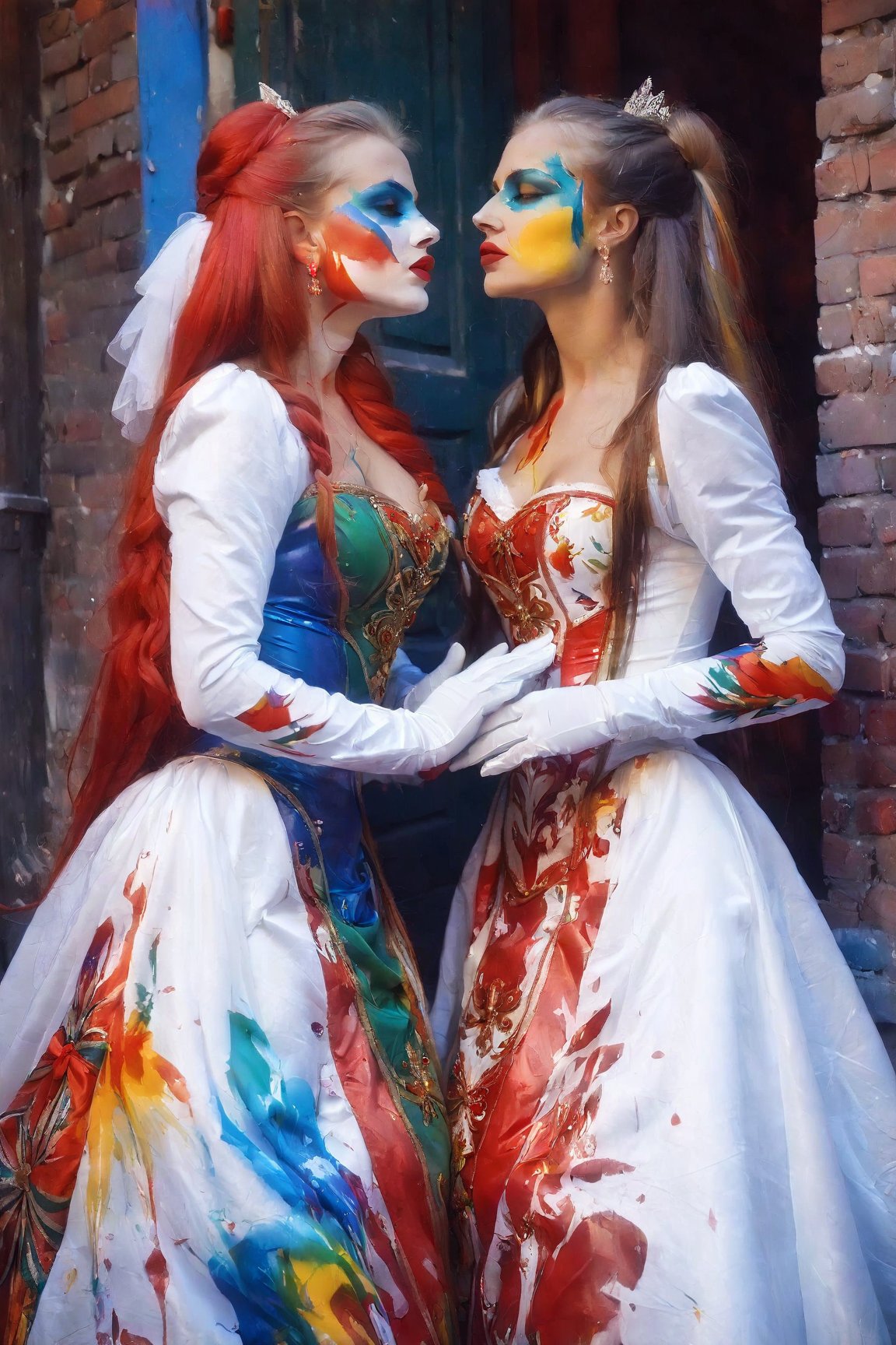 2 russian girs in white satin gown, gloves, long hair ((lots of colourful paint on skin and dress)), kiss.