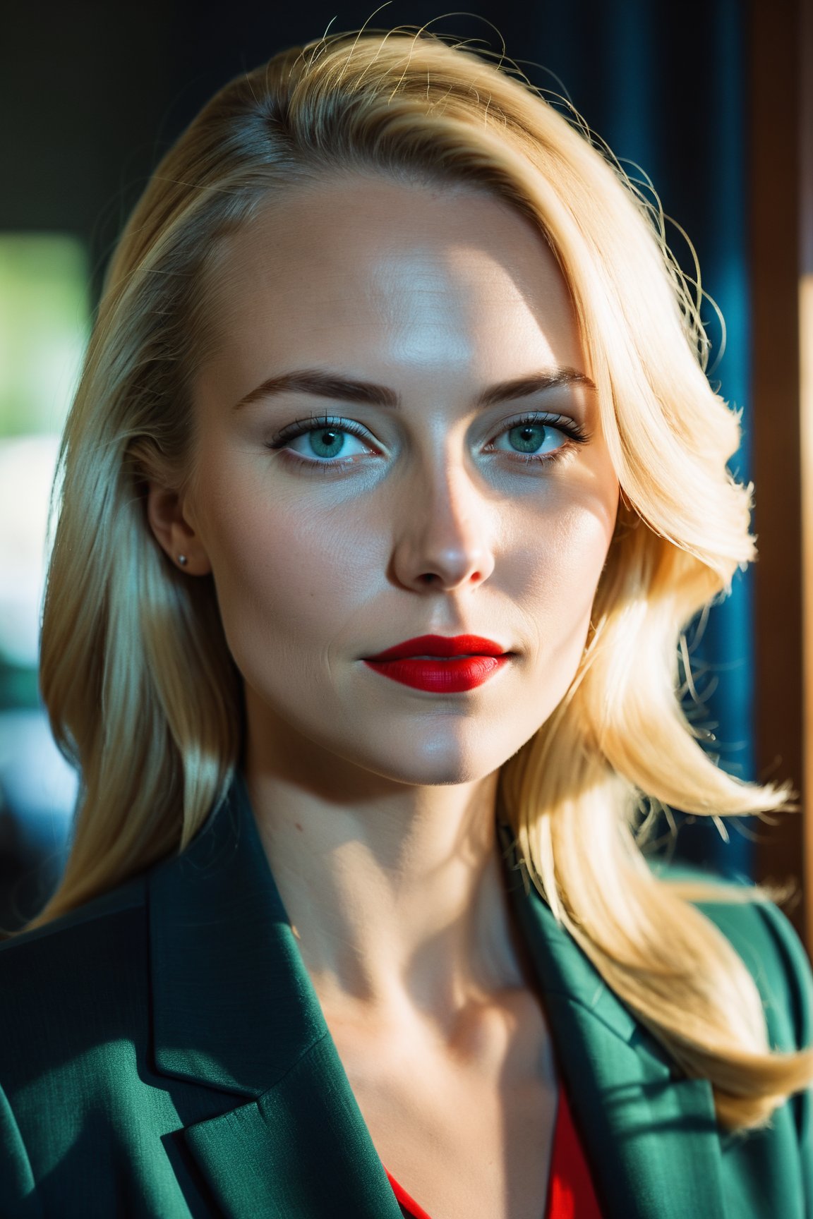 RAW photo, woman 30 y.o with long blonde hair, soft red lipstick, blue blazer, delicate featured face, thin and defined eyebrows, light green eyes, black t-shirt with a design of a female face, The background is interior and blurry. The lighting is soft and comes from a light window placed to the left of the model. The lens is a 90mm short telephoto lens with an aperture of f/2.8. The camera is a DSLR with a full format sensor. The exposure parameters are: ISO 100, shutter speed 1/125 s and white balance in automatic, moody, epic, gorgeous, film grain, grainy,