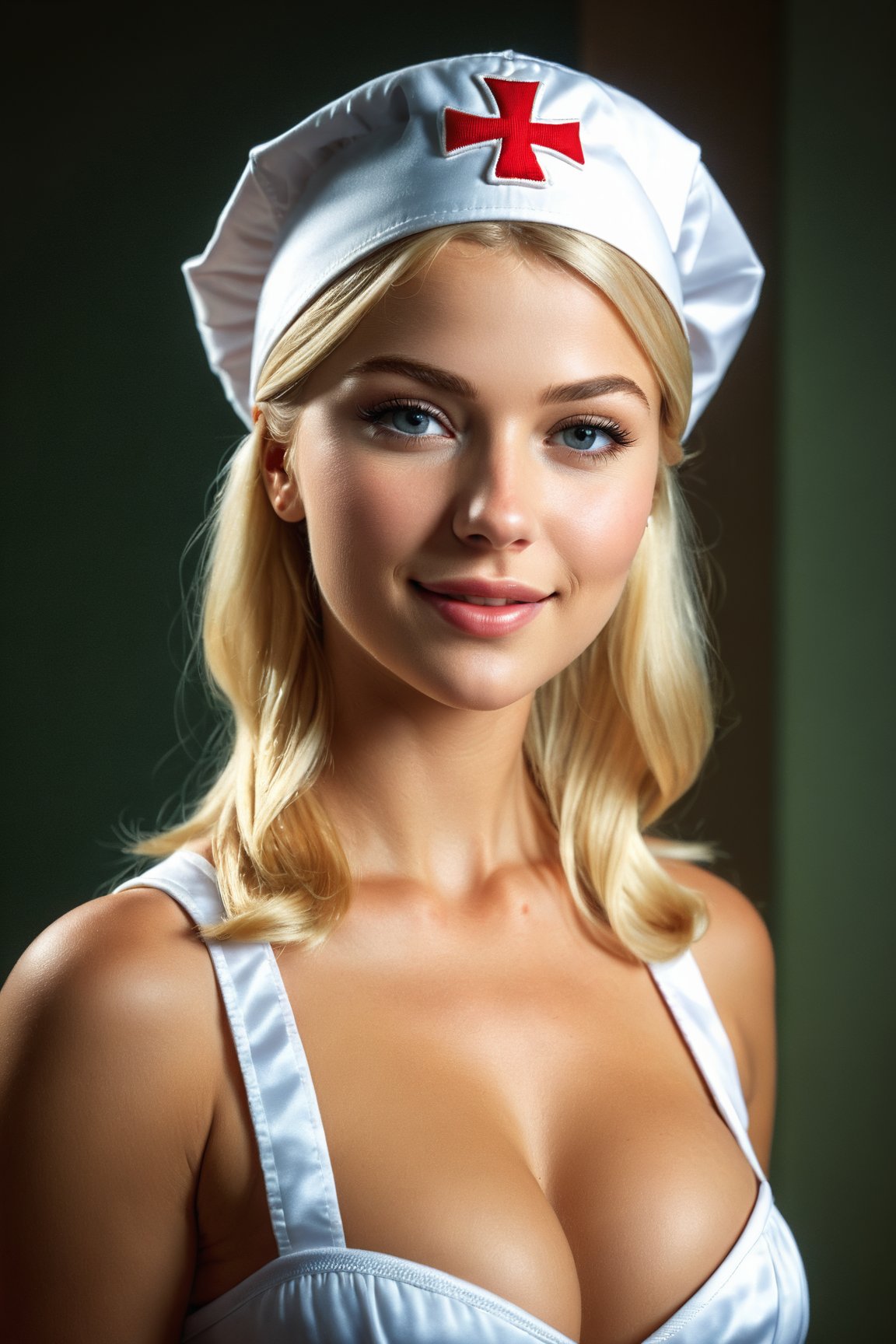 best quality, ultra detailed, hyperrealistic photography, blonde girl, sexy, upper body, cleavage:0.3, natural beauty, smirking, bedroom, nurse cap, 23 years old, ultra realistic, photorealistic, extra sharp, professional photography, soft lighting, warm lighting, 