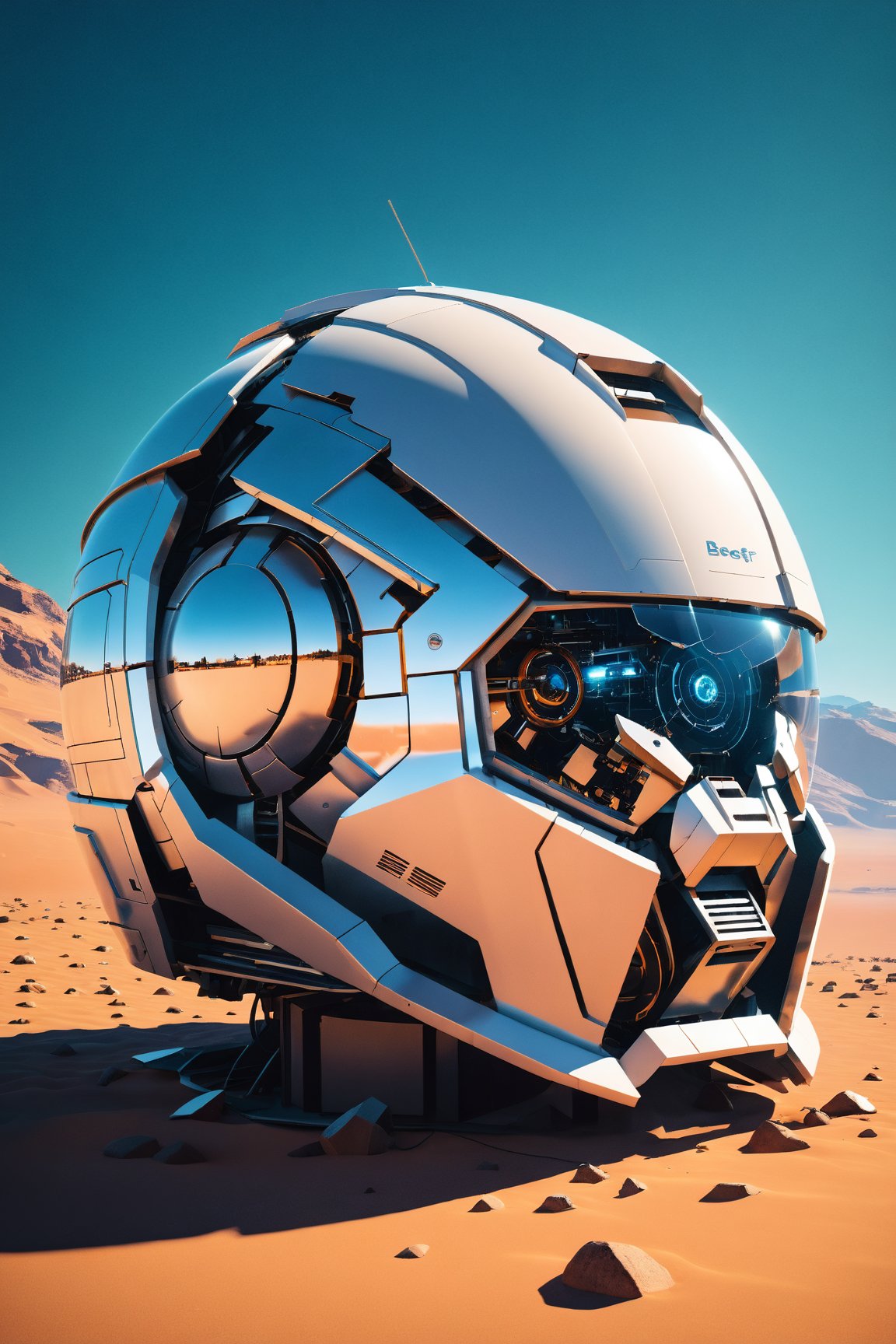 art by Beeple and mech design by syd mead a robot Shattered helmet with a huge dent hole, revealing circuits inside.