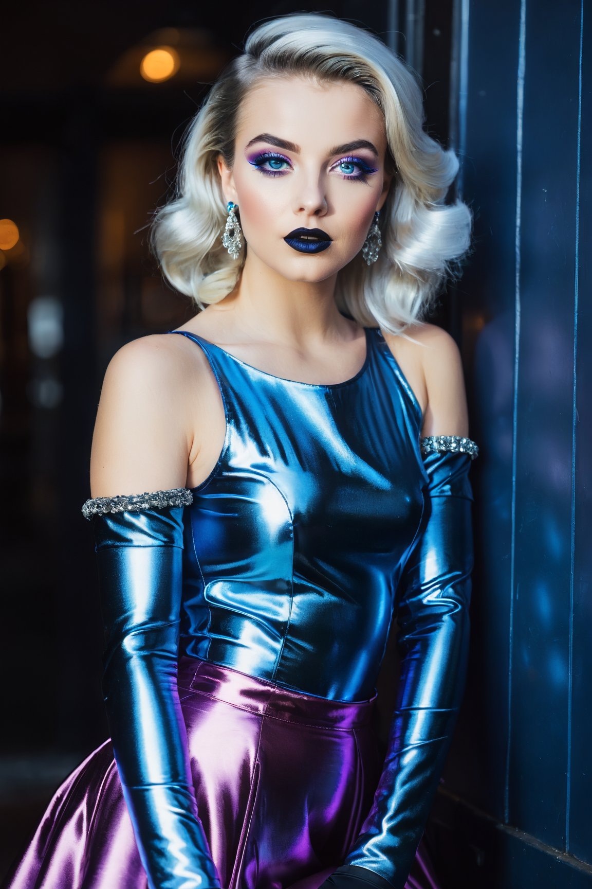 portrait of a 25 year old girl with silcked hair, blue eyes, black lipstick, colourful makeup, wearing a metallic gloves, long satin tight skirt