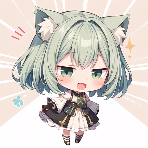 1girl, (chibi:1.4), smile, open mouth, dynamic angle, standing, animal ear, green hair, 