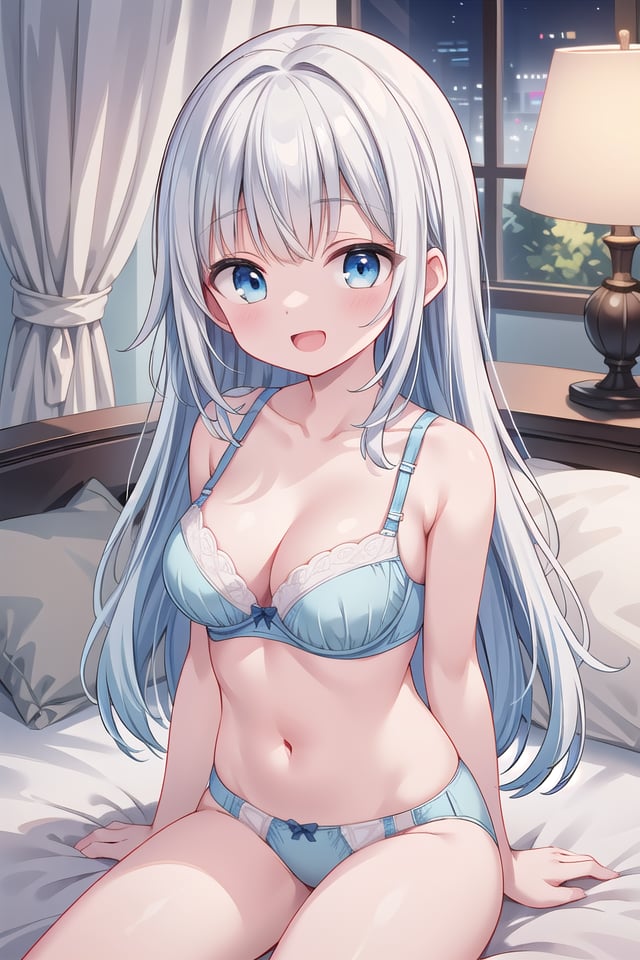 insanely detailed, absurdres, ultra-highres, ultra-detailed, best quality,(wearing pastel colored bra , wearing pastel colored panties :1.3),1 girl, solo, happy smile, laugh, open mouth,(sitting on bed), seductive pose, cowboy shot, looking at viewer,slender, kawaii, perfect symmetrical face, ultra cute girl, ultra cute face, ultra detailed eyes, ultra detailed hair, ultra cute, ultra beautiful,by Canon EOS, SIGMA Art Lens 35mm F1.4, ISO 200 Shutter Speed 2000,elegant hotel room, closed curtains, antique interior, ultra detailed background,cinematic light, indirect lighting, evening light, depth of field,medium large breasts, ,(white long hair, blue eyes),