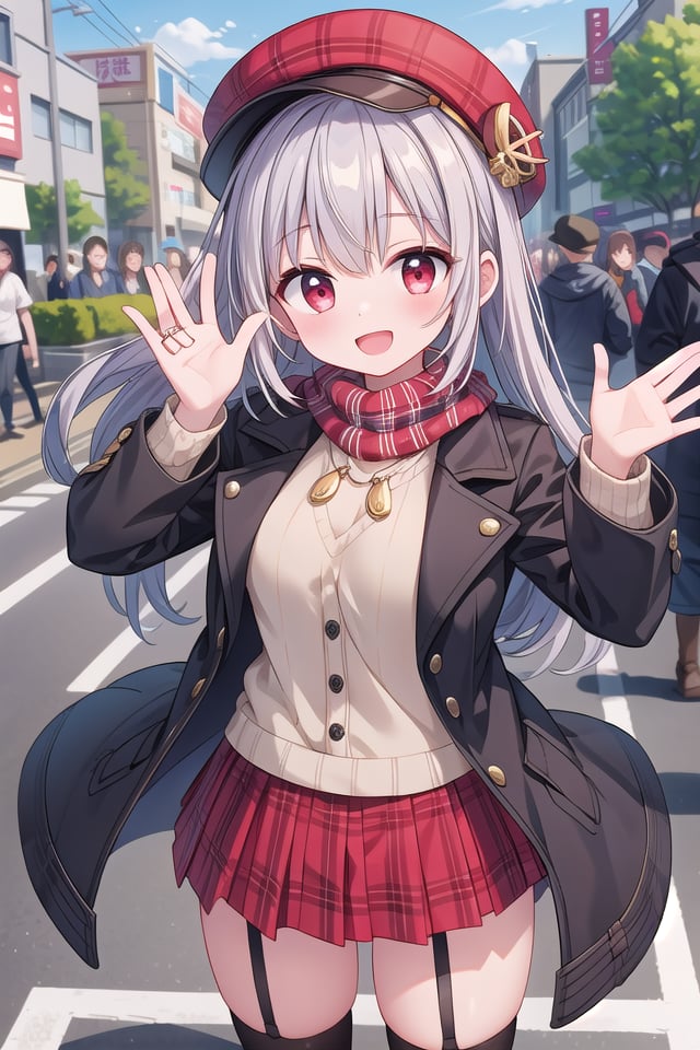 insanely detailed, absurdres, ultra-highres, ultra-detailed, best quality,1girl, solo, nice hands, perfect hands,BREAKwhite boots,( pele hat:1.2), thermal layers, (red Plaid skirt:1.1), sweater,garter ring,BREAK Scarf,black coat with golden embroidery,coat with open front button,(black knee-high socks:1.3)BREAKhappy smile, laugh, open mouth, standing,(45 angle:-1.5), (from side:-1.5),cute pose, cowboy shot,BREAKslender, kawaii, perfect symmetrical face, ultra cute girl, ultra cute face, ultra detailed eyes, ultra detailed hair, ultra cute, ultra beautiful,BREAKin harajuku, shibuya, tokyo, street, crowd, cityscape,BREAKmedium large breasts,(grey hair, red eyes),