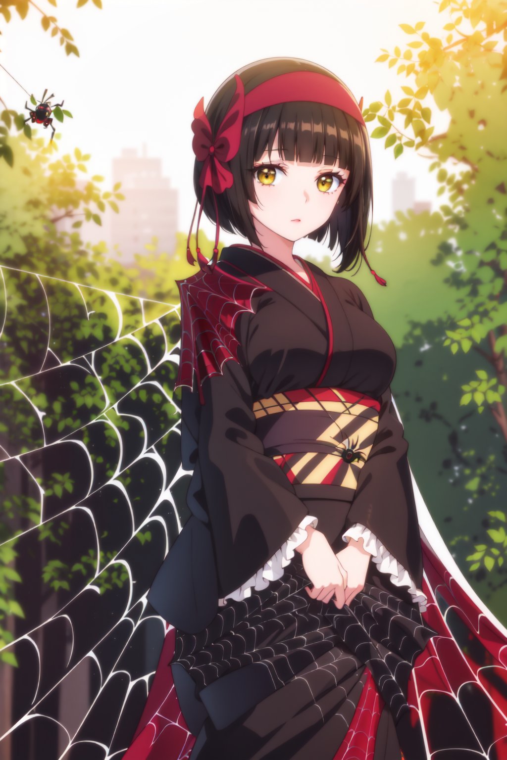 (masterpiece,  best quality),  shiny skin,  lustrous skin,  black hair,  short hair,  black kimono,  pink headdress,  frills,  yellow eyes,  outdoors,  dark,  night,  standing,  expressionless,  (spider web:1.3),  cocoon, SILK,  upper body,  looking at viewer,  focus,<lora:EMS-245234-EMS:0.700000>,<lora:EMS-3539-EMS:0.800000>