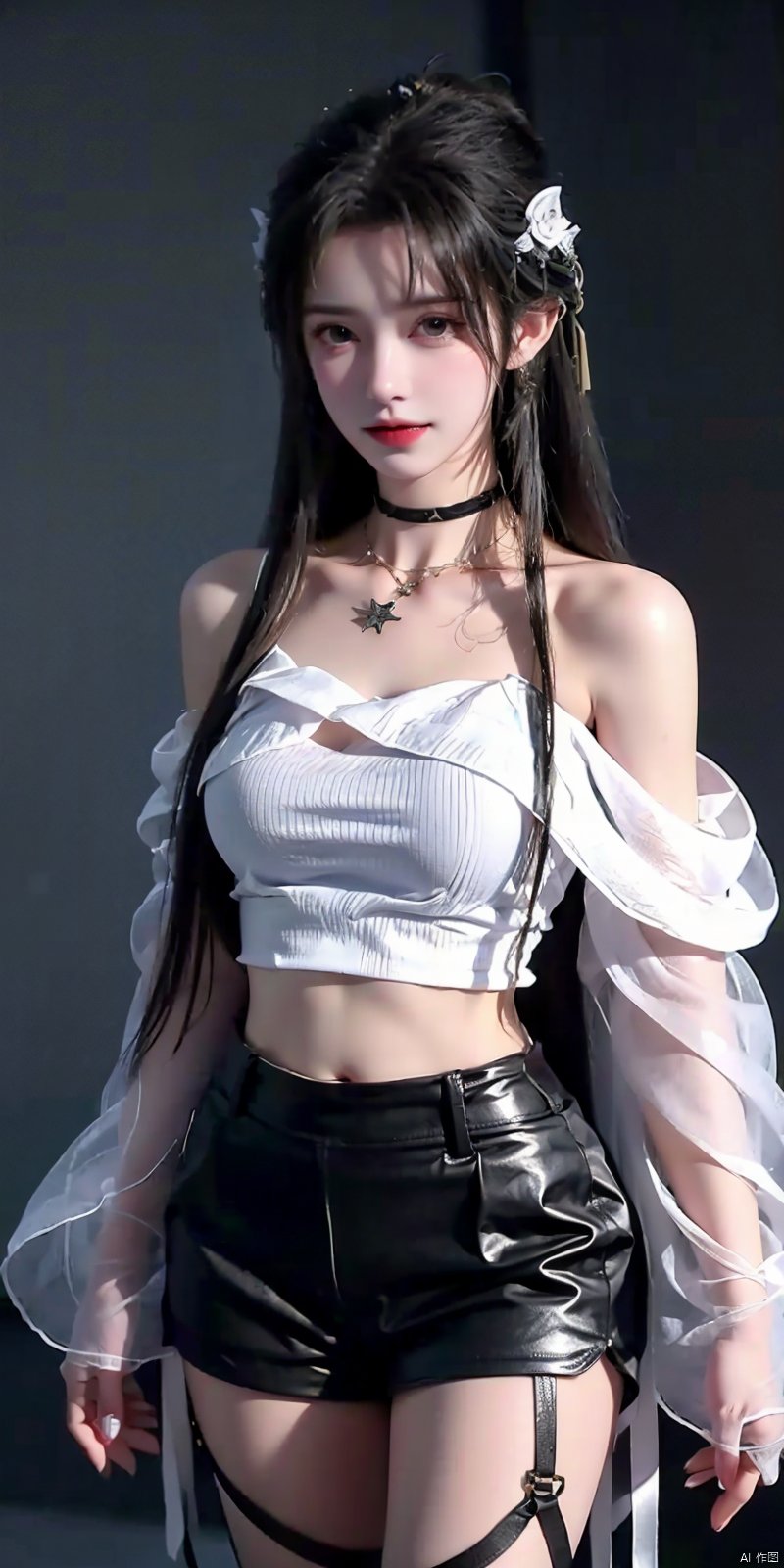  nai3, 1girl, shorts, solo, crop top, choker, pencil skirt, skirt, , navel, shirt, midriff, crop top overhang, looking at viewer, white shirt, jewelry, breasts, cowboy shot, bare shoulders, off-shoulder shirt, off shoulder, black choker, thighs, stomach, hand on own thigh, long hair, bracelet, short sleeves, ribbon, hand up, collarbone, hair ribbon, medium breasts, standing, , , bra strap, kind smile, hair ornament, thigh gap, bangs, necklace, expressionless,, , , blackpantyhose, , qingyi