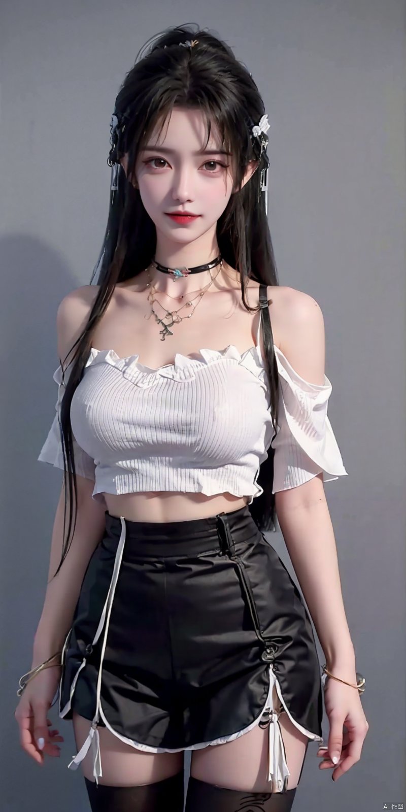  nai3, 1girl, shorts, solo, crop top, choker, pencil skirt, skirt, , navel, shirt, midriff, crop top overhang, looking at viewer, white shirt, jewelry, breasts, cowboy shot, bare shoulders, off-shoulder shirt, off shoulder, black choker, thighs, stomach, hand on own thigh, long hair, bracelet, short sleeves, ribbon, hand up, collarbone, hair ribbon, medium breasts, standing, , , bra strap, kind smile, hair ornament, thigh gap, bangs, necklace, expressionless,, , , blackpantyhose, , qingyi