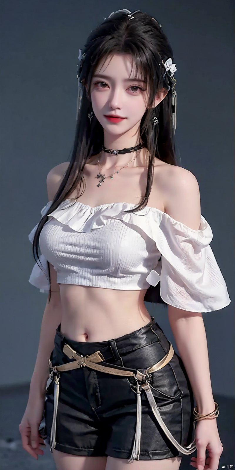  nai3, 1girl, shorts, solo, crop top, choker, pencil skirt, skirt, , navel, shirt, midriff, crop top overhang, looking at viewer, white shirt, jewelry, breasts, cowboy shot, bare shoulders, off-shoulder shirt, off shoulder, black choker, thighs, stomach, hand on own thigh, long hair, bracelet, short sleeves, ribbon, hand up, collarbone, hair ribbon, medium breasts, standing, , , bra strap, kind smile, hair ornament, thigh gap, bangs, necklace, expressionless,, , , blackpantyhose, , qingyi