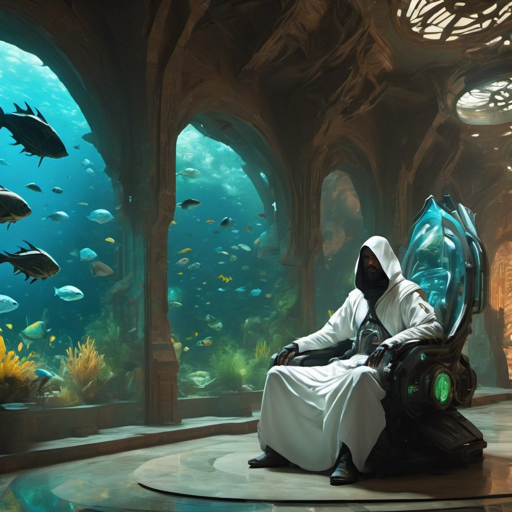 Clair-obscur, digital painting, oil painting, landscape, emirati arab "assassin's creed" fremen ninja iman sheikh wearing futuristic cyberpunk white cyber-onesie and white saudi Gutra headdress, sitting on a luxurious throne with arabic patterns ((in front of a giant aquarium filled with exotic fish)), in cyberpunk Arab palace with lots of neon and marble, in the style of arcane and fernanda suarez pascal blanche and Hermann Stenner and simon stalenhag and Gustavé Doré and alex grey and alphonse mucha and nekro and josan gonzalez and dishonored and bioshock and simon stalenhag and rembrandt and Roger Ballen and Yousuf Karsh and HR Giger and Dariusz Zawadzki and John Jude Palencar and David Cronenberg and Liam Wong and Zdzislaw Beksinski and Luis Buñuel and Takashi Miike and David Lynch and Luis Royo and jakub rozalski and Ilya Kuvshinov and Wlop and Artgerm, trending on artstation, featured on pixiv, dynamic lighting, hyper detailed, octane render, 8k