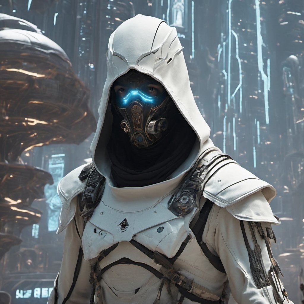  close-up of (("assassin's creed")) ((fremen)) sultan ninja iman sheikh wearing (futuristic) (cyberpunk) white cyber-onesie and white saudi Gutra headdress, standing next to retrofuturistic white armoured military quadcopter with Arabic decoration parked in spacepunk atompunk space port, in dubai "abu dabi" (coruscant), with lots of LCD screens and neon, ((in the style of Liam wong)), in the middle of a square in Gotham, lithograph, in the style of Gustave Doré and arcane and fernanda suarez and bioshock and dishonored, unrestricted universal love, improve coloring, transparent neon Hologram beam of light, [[[[[Highly Evolved Neo HipHop environment]]]]],[[[Photorealistic photo of Hyperrealistic art Wonderful, cityscape background fusion, biomechanical details, (white and iridescent colors:1.1) bright colors, alchemist, alt_style, cinematic, 35mm film, 35mm photography, film, photo realism, DSLR, 8k uhd, hdr, ultra-detailed, high quality]]] <additional details> stunning appeal, perfect composition, beautiful detailed intricate insanely detailed octane render trending on artstation, 8 k artistic photography, photorealistic concept art, soft natural volumetric cinematic perfect light, award winning photograph, masterpiece, oil on canvas