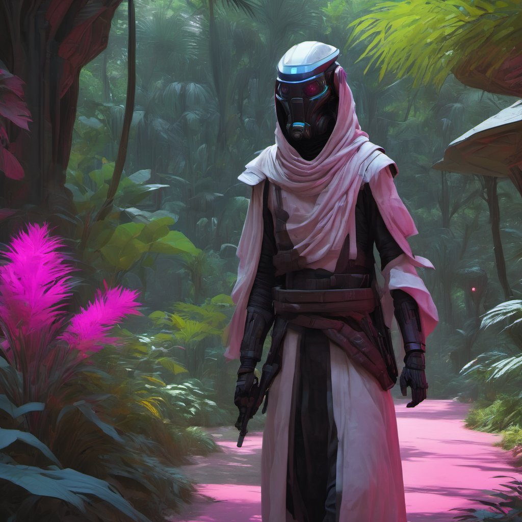 Clair-obscur, digital painting, oil painting, landscape, ((full body portrait)), ((detailed portrait)) of a saudi emirati arab "mass effect" fremen samurai ninja sith Mujahideen iman sheikh wearing red royal robes, walking around in gorgeous french japanese jungle garden park oasis with purple and pink alien plants, in cyberpunk dubai "abu dabi" "kuala lumpur" singapore with lots of LCD screens and neon, retrofuturistic white armoured military dune buggies with arab decoration, in the style of arcane and fernanda suarez pascal blanche and Hermann Stenner and simon stalenhag and Gustavé Doré and alex grey and alphonse mucha and nekro and josan gonzalez and dishonored and bioshock and simon stalenhag and rembrandt and Roger Ballen and Yousuf Karsh and HR Giger and Dariusz Zawadzki and John Jude Palencar and David Cronenberg and Liam Wong and Zdzislaw Beksinski and Luis Buñuel and Takashi Miike and David Lynch and Luis Royo and jakub rozalski and Ilya Kuvshinov and Wlop and Artgerm, trending on artstation, featured on pixiv, dynamic lighting, hyper detailed, octane render, 8k