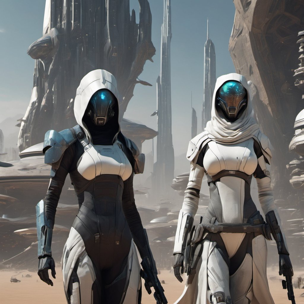 female ninja "mass effect" fremen wearing luxurious silk and lace hijab and (("skyrim")) ((fremen)) sultan ninja iman sheikh man wearing (futuristic) (cyberpunk) white cyber-onesie and white saudi Gutra headdress, (((empty hands))), ((no weapons)), standing next to retrofuturistic white armoured military quadcopter with Arabic decoration parked, ((quadcopter landing in spacepunk atompunk space port)), in dubai "abu dabi" (coruscant), with lots of LCD screens and neon, by artgerm and wlop in the style of dark gothic horror inspired by david lynch and wes craven and clive barker. Art by j scott campbell and syd mead and jon aslarona and mappa studios 8k dieselpunk art, unrestricted universal love, improve coloring, transparent neon Hologram beam of light, [[[[[Highly Evolved Neo HipHop environment]]]]],[[[Photorealistic photo of Hyperrealistic art Wonderful, cityscape background fusion, biomechanical details, (white and iridescent colors:1.1) bright colors, alchemist, alt_style, cinematic, 35mm film, 35mm photography, film, photo realism, DSLR, 8k uhd, hdr, ultra-detailed, high quality]]] <additional details> stunning appeal, perfect composition, beautiful detailed intricate insanely detailed octane render trending on artstation, 8 k artistic photography, photorealistic concept art, soft natural volumetric cinematic perfect light, award winning photograph, masterpiece, oil on canvas