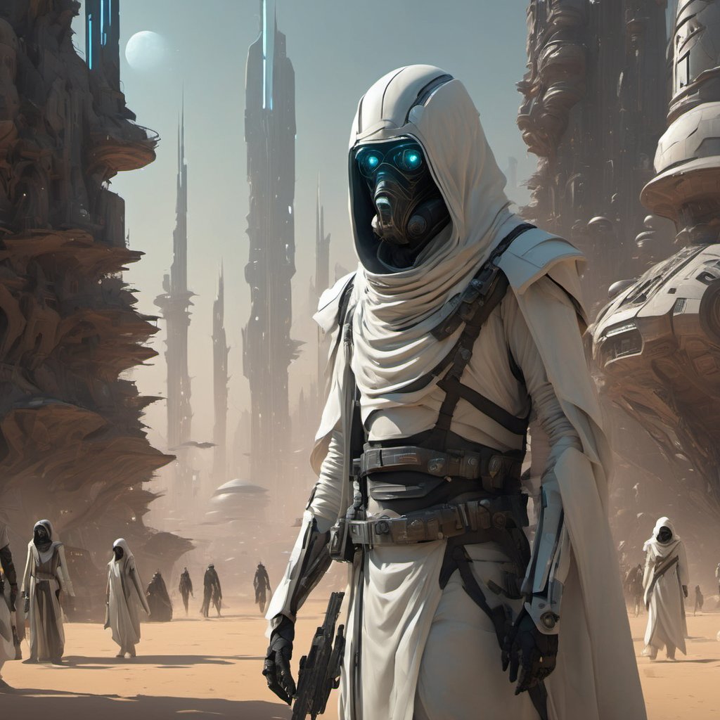 Clair-obscur, digital painting, oil painting, landscape, full body portrait, ((detailed portrait)) of emirati "assassin's creed" ((fremen)) sultan ninja iman sheikh wearing (futuristic) (cyberpunk) white cyber-onesie and white saudi Gutra headdress, standing next to retrofuturistic white armoured military quadcopter with Arabic decoration parked in spacepunk atompunk space port, in dubai "abu dabi" (coruscant), with lots of LCD screens and neon, in the style of arcane and fernanda suarez pascal blanche and Hermann Stenner and simon stalenhag and Gustavé Doré and alex grey and alphonse mucha and nekro and josan gonzalez and dishonored and bioshock and simon stalenhag and rembrandt and Roger Ballen and Yousuf Karsh and HR Giger and Dariusz Zawadzki and John Jude Palencar and David Cronenberg and Liam Wong and Zdzislaw Beksinski and Luis Buñuel and Takashi Miike and David Lynch and Luis Royo and jakub rozalski and Ilya Kuvshinov and Wlop and Artgerm, trending on artstation, featured on pixiv, dynamic lighting, hyper detailed, octane render, 8k