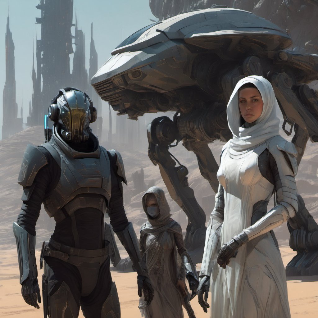 Clair-obscur, digital painting, oil painting, landscape, ((extremely detailed)), ((detailed portrait)), close-up of ((a man and a woman)), a female ninja "mass effect" fremen wearing luxurious silk and lace hijab and (("skyrim")) ((fremen)) sultan ninja iman sheikh man wearing (futuristic) (cyberpunk) white cyber-onesie and white saudi Gutra headdress, (((empty hands))), ((no weapons)), standing next to retrofuturistic white armoured military quadcopter with Arabic decoration parked, ((quadcopter landing in spacepunk atompunk space port)), in dubai "abu dabi" (coruscant), with lots of LCD screens and neon, in the style of arcane and fernanda suarez pascal blanche and Hermann Stenner and simon stalenhag and Gustavé Doré and alex grey and alphonse mucha and nekro and josan gonzalez and dishonored and bioshock and simon stalenhag and rembrandt and Roger Ballen and Yousuf Karsh and HR Giger and Dariusz Zawadzki and John Jude Palencar and David Cronenberg and Liam Wong and Zdzislaw Beksinski and Luis Buñuel and Takashi Miike and David Lynch and Luis Royo and jakub rozalski and Ilya Kuvshinov and Wlop and Artgerm, trending on artstation, featured on pixiv, dynamic lighting, hyper detailed, octane render, 8k
