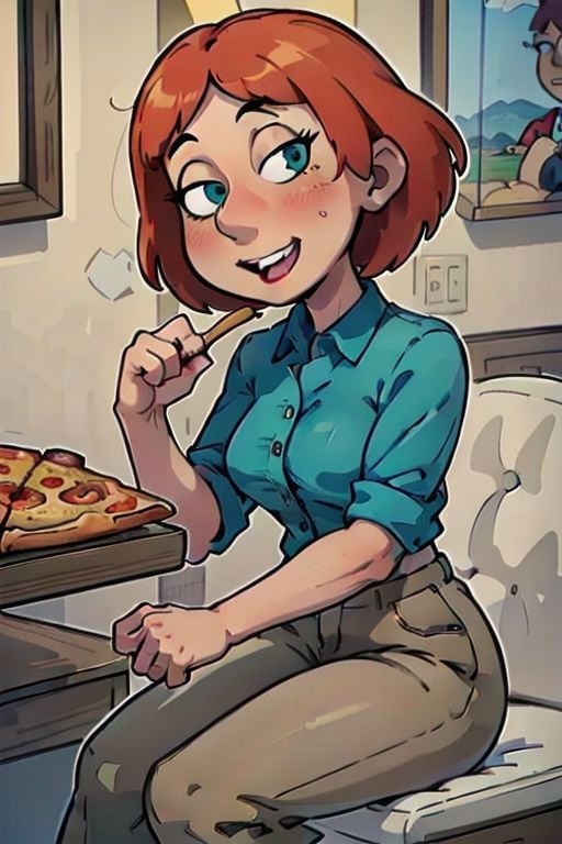 ((masterpiece)), ((best quality)), ((high resolution)), ((4k)),(1girl, loisgriff, happy, teeth, aqua shirt, brown pants), sitting, table, pizza, wine