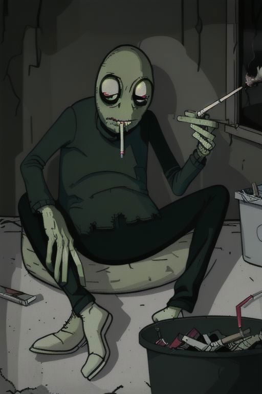 saladfingers, drinking, cigarette, smoke, sitting, indoors, dark room, old room, garbage,