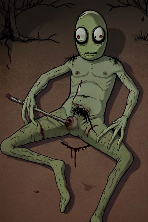 saladfingers, lying on floor, nude, blood, dirty, dirt, dark forest, cowboy shot