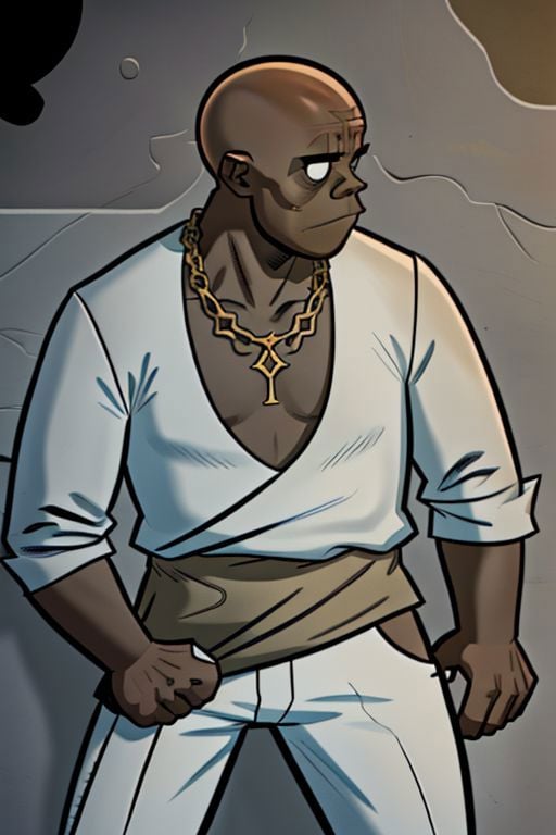 (1boy, russelgrllz, dark skin, bald), gold chain, white clothes, Leaning on wall, cassino, side view, 