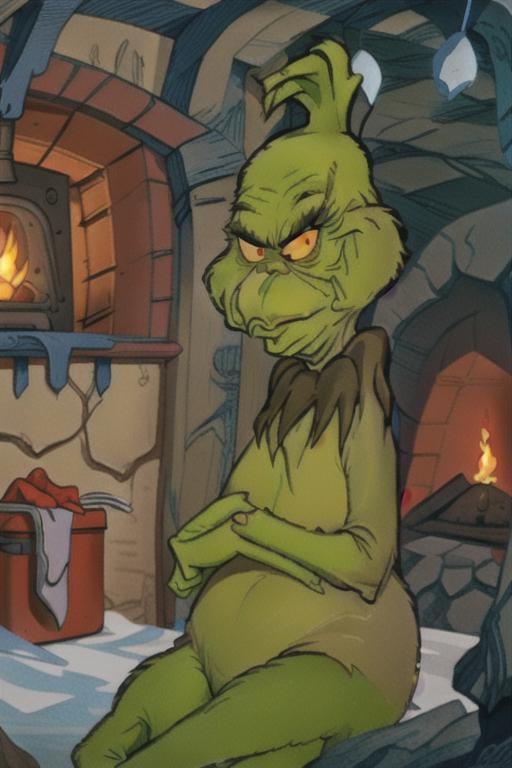 grinch,  sitting,  indoors,  cave,  firecamp,  snow,  cowboy shot,<lora:EMS-169646-EMS:1.000000>