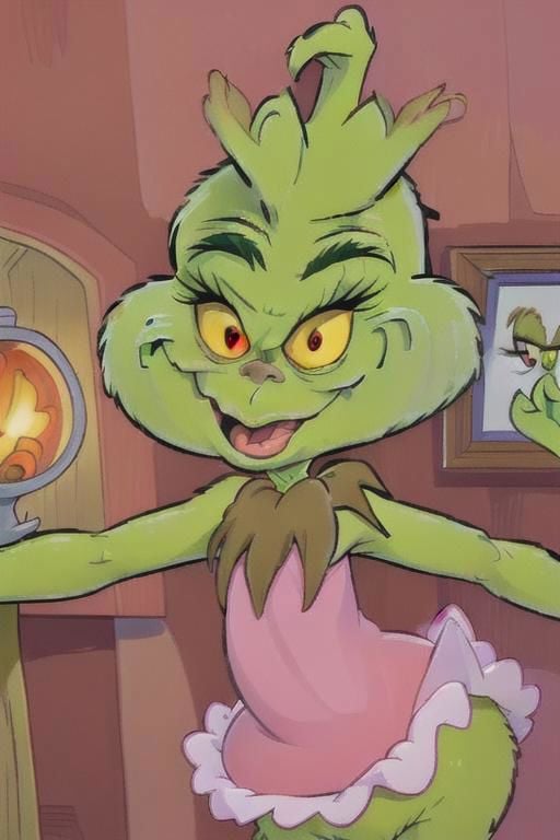 ((masterpiece)), ((very detailed)), grinch, happy, open mouth, pinky dress, dancing, village view, upper body, close up shot, <lora:thegrinch:1.0000>