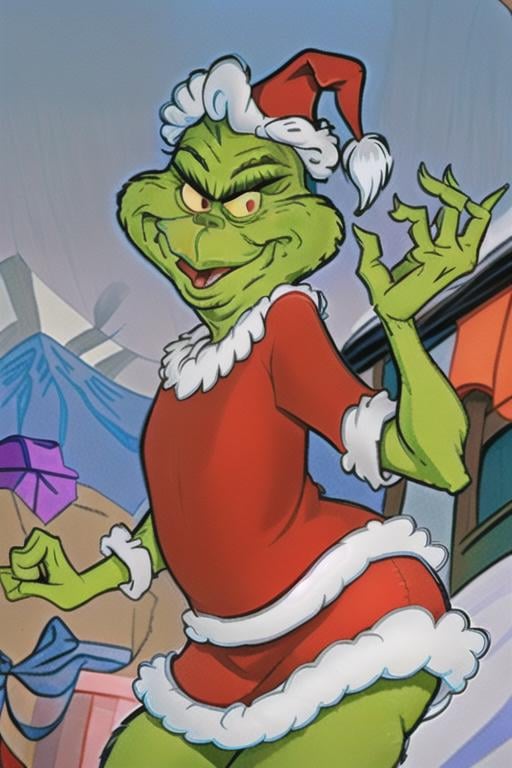 grinch,  happy,  open mouth,  santa suit,  santa hat,  outdoors,  snowy mountains,  cowboy shot,<lora:EMS-169646-EMS:1.000000>