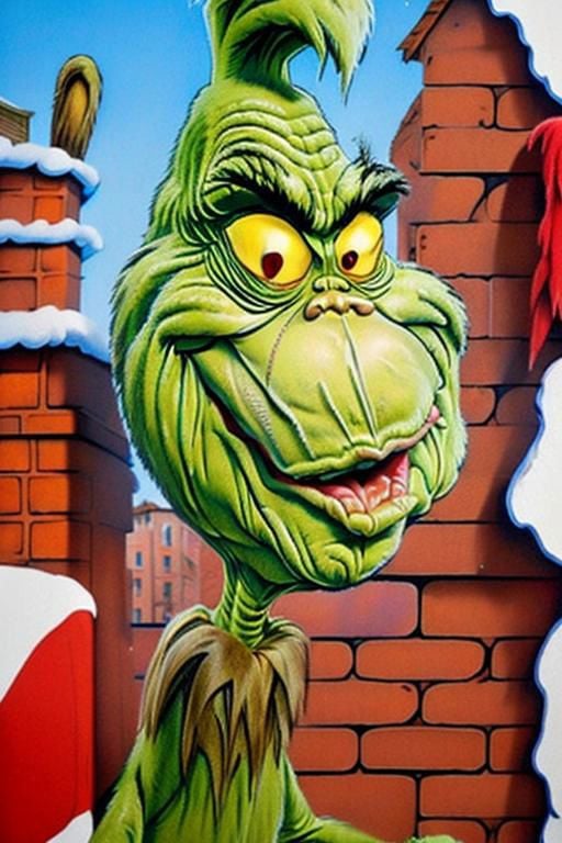 ((masterpiece)), ((very detailed)), grinch, serius, leaning, brick wall, upper body, close up shot, <lora:thegrinch:1.0000>