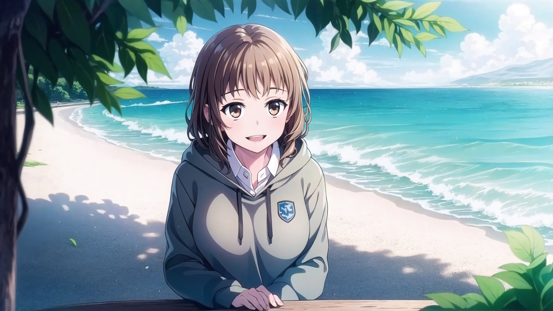 Masterpiece,Best  Quality, High Quality, (Sharp Picture Quality), short hair, gray hoodies, green skirts,beautiful sea, seaside parks, happy expressions, school uniforms,curly hair,solo,alone,