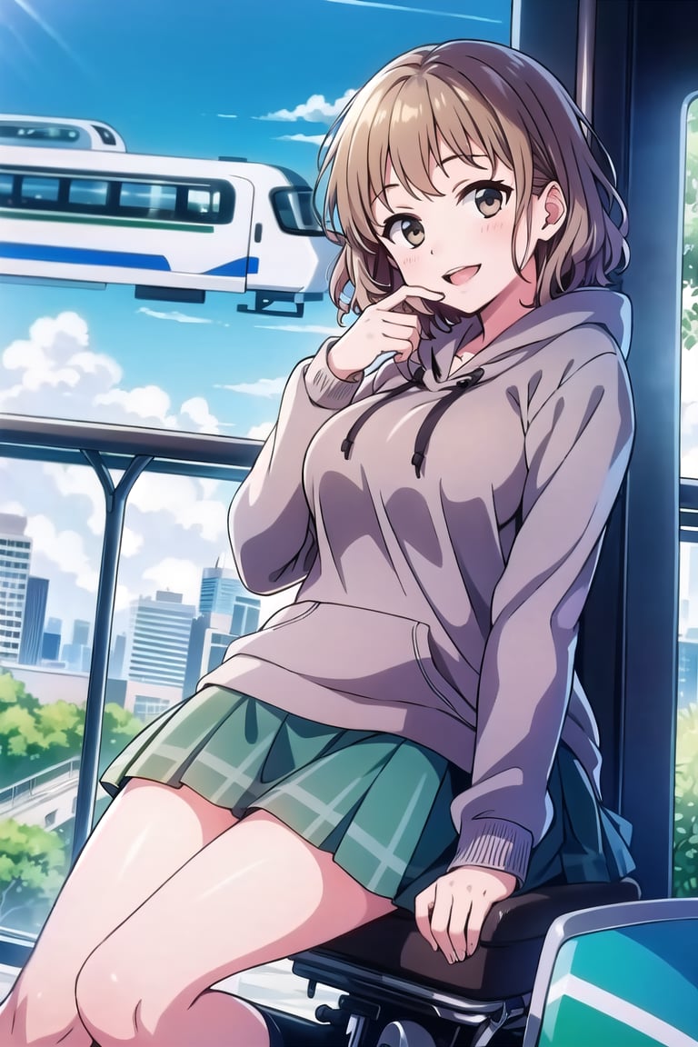 Masterpiece,Best  Quality, High Quality, (Sharp Picture Quality), short hair, gray hoodies, green skirts, happy expressions, school uniforms,curly hair,solo,alone, bule sky,((Hanging monorail in the background)),It depends on the mini bike,