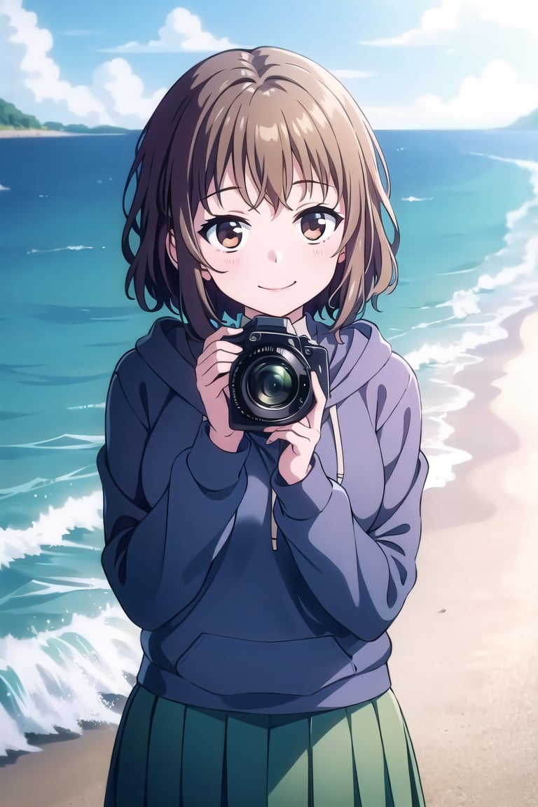 Masterpiece,Best  Quality, High Quality, (Sharp Picture Quality), short hair, gray hoodies, green skirts, Has a single -lens reflex camera,beautiful sea, seaside parks, happy expressions, school uniforms,curly hair,solo,alone,