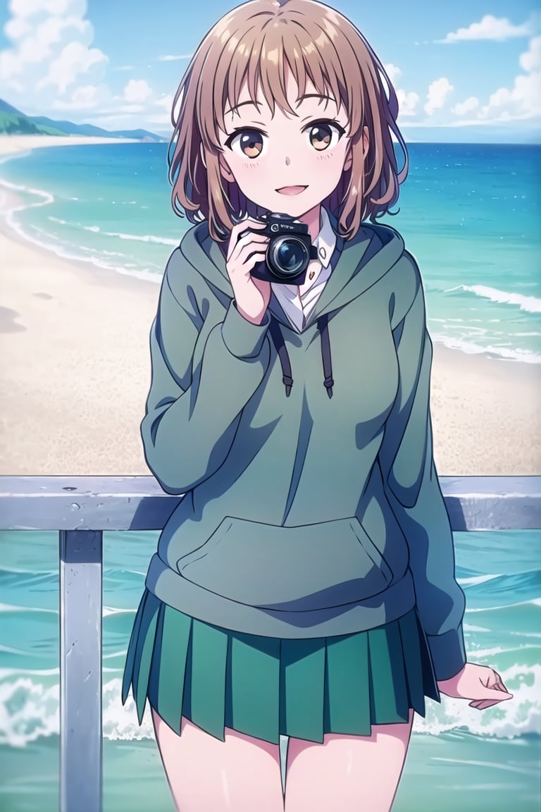 Masterpiece,Best  Quality, High Quality, (Sharp Picture Quality), short hair, gray hoodies, green skirts, Has a single -lens reflex camera,beautiful sea, seaside parks, happy expressions, school uniforms,curly hair,solo,alone,