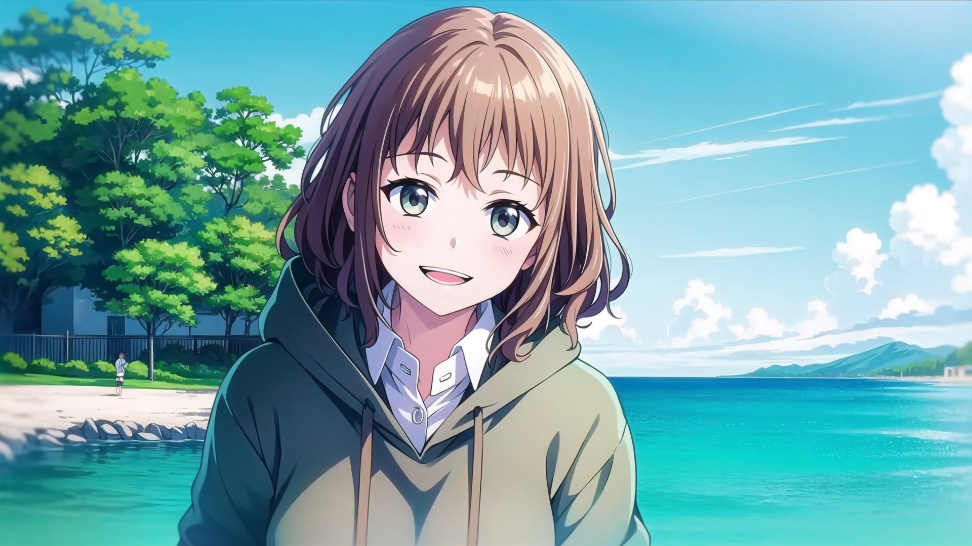 Masterpiece,Best  Quality, High Quality, (Sharp Picture Quality), short hair, gray hoodies, green skirts,beautiful sea, seaside parks, happy expressions, school uniforms,curly hair,solo,alone,