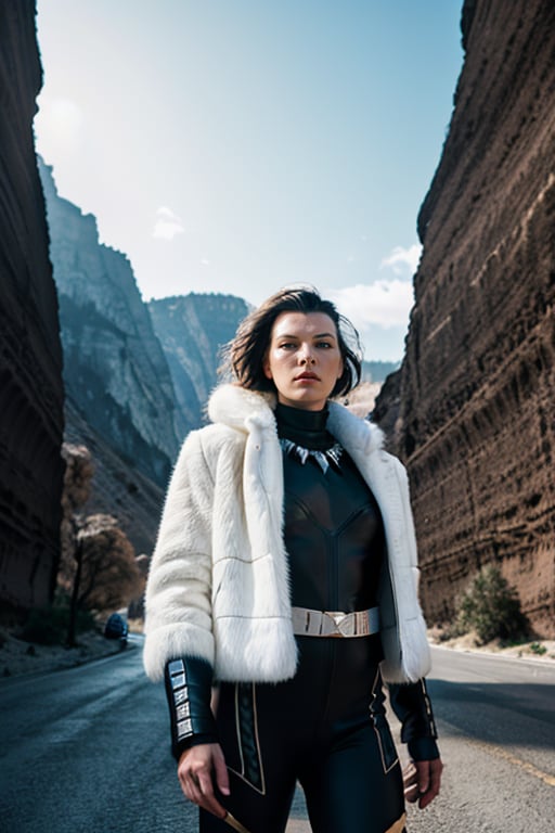 wo_millajov01,  a female warrior,  in front of a canyon,  wearing a black panther outfit and white fur jacket,  8k,  masterpiece,  high_res,  global illumination,  low key lighting,  shot on Lumix GH5