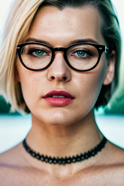 glasses,  Sharp Focus,  wo_millajov01,  her expression is sexy with parted lips,  blonde hair,  (close-up:0.8),  low key lighting,  shot on Lumix GH5,  cinematic bokeh,  lace choker,  (simple background:1.2),  teasing,  detailed skin