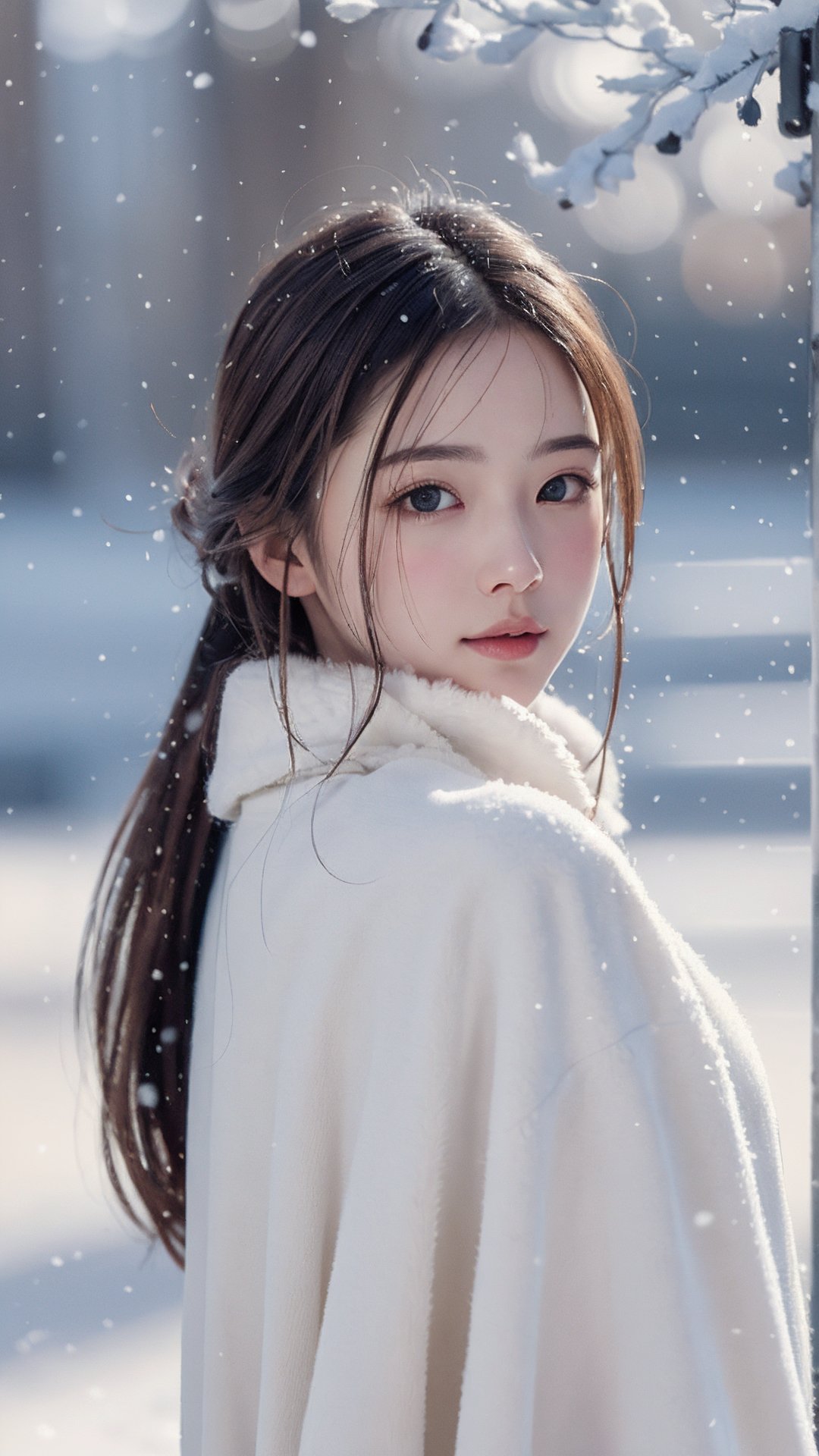 (best quality,  masterpiece:1.2), ultra detailed, (photo realistic:1.4), solo, cute girl, fluffy coat, snow_scene_background,<lora:EMS-245380-EMS:0.600000>